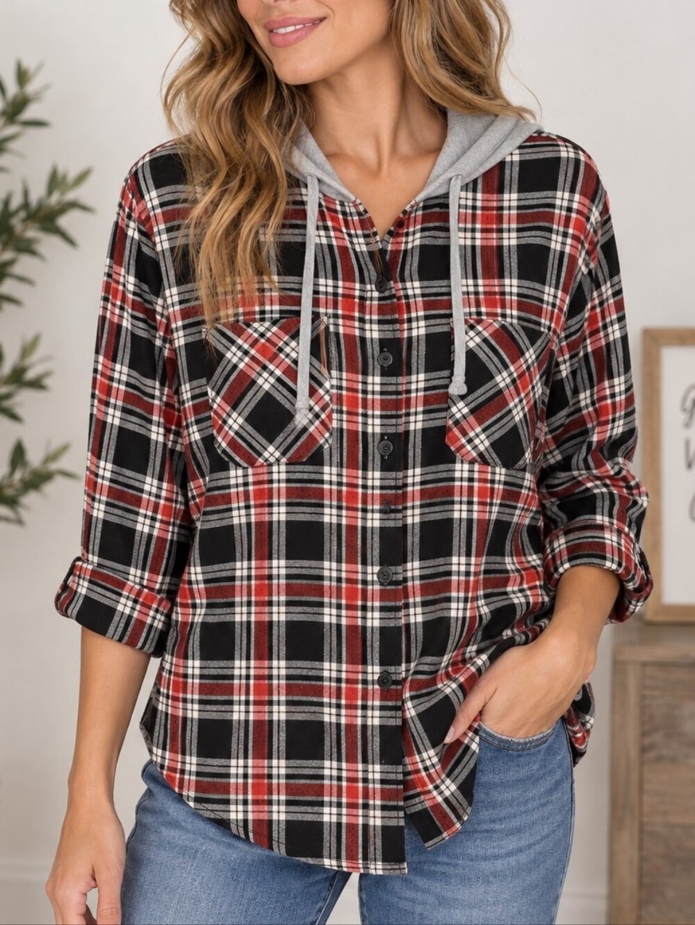 EDEN & OLIVIA Red & Black Plaid Hooded Button-Up Shirt – Large